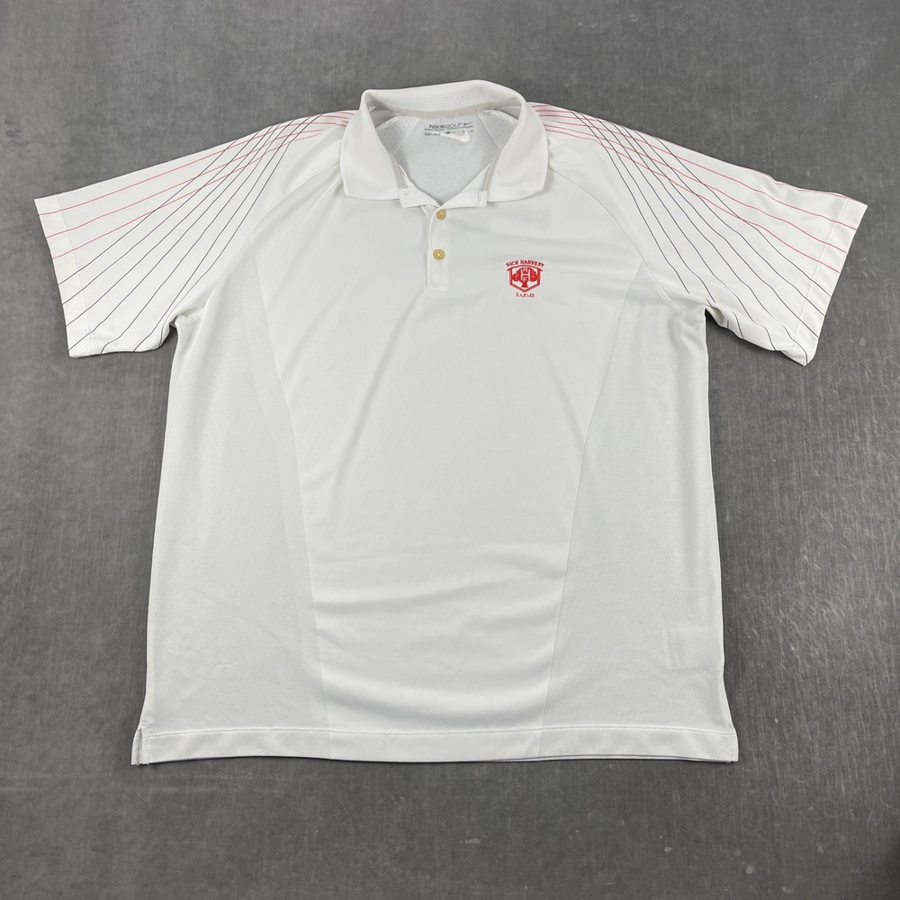Nike Golf Mens XL White Polo Rich Harvest Farms Shirt Dri-FIT Graphic Shoulder
